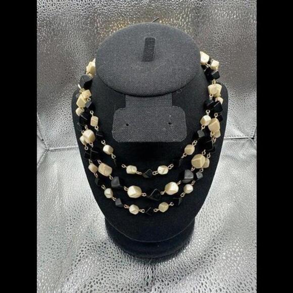 Elegant Triple-Strand Black and Ivory Beaded Necklace - Picture 1 of 1